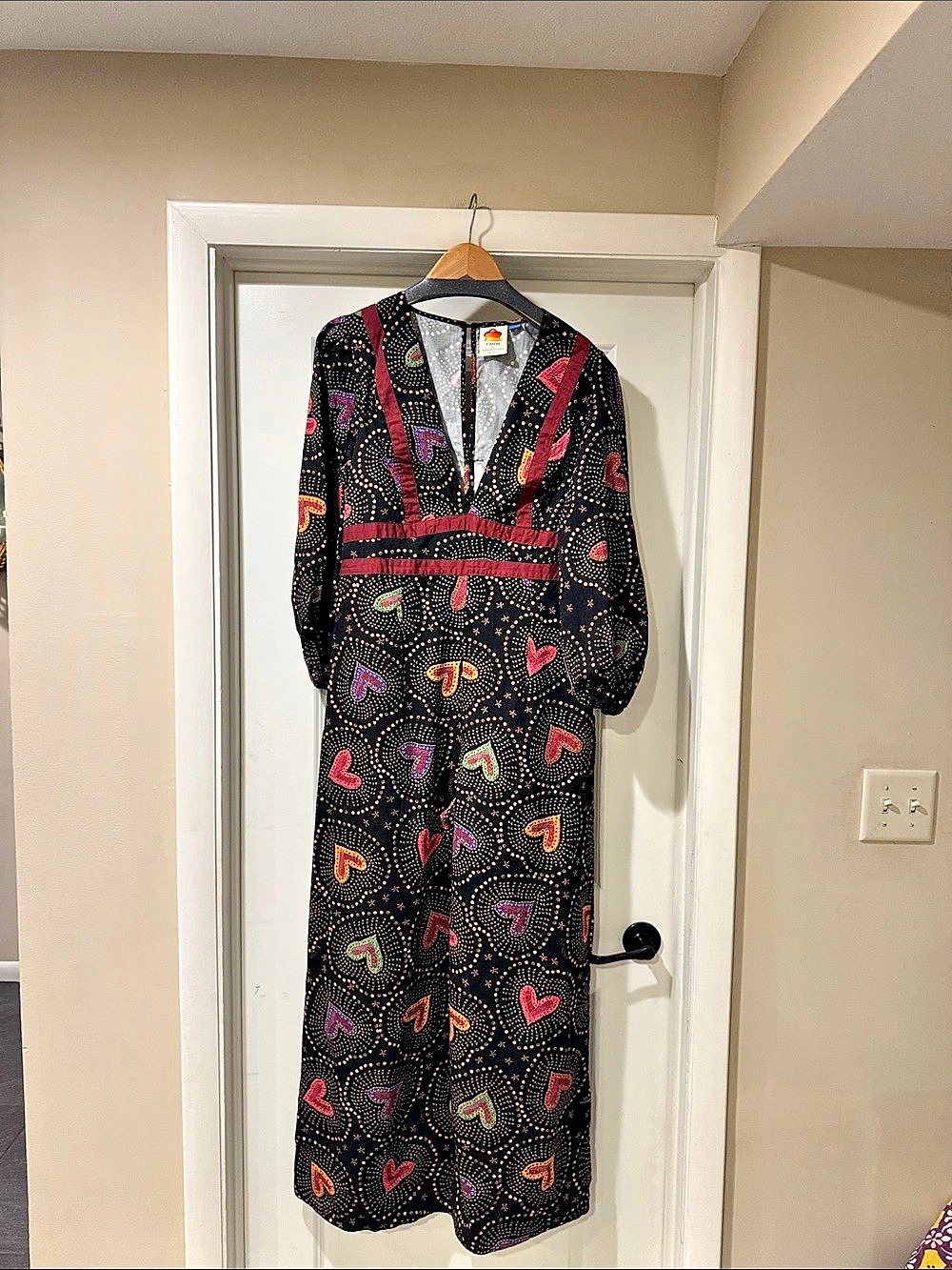 Farm Rio for Anthropologie Heart Paisley Print Jumpsuit in Black & Maroon Like N